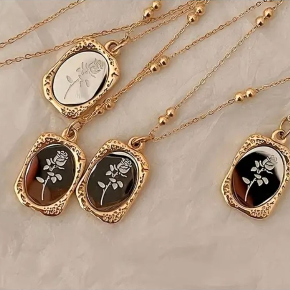 Engraved Rose Textured Mirror Effect Pendant Dainty Beaded Necklace in Gold